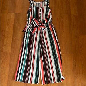 Striped Wide-Leg Jumpsuit in Coral, Teal & Black